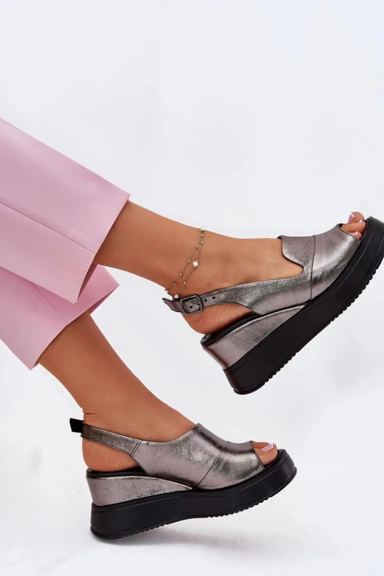 Skórzane Damskie Sandały Na Koturnie Artiker 54C0402 Grafitowe