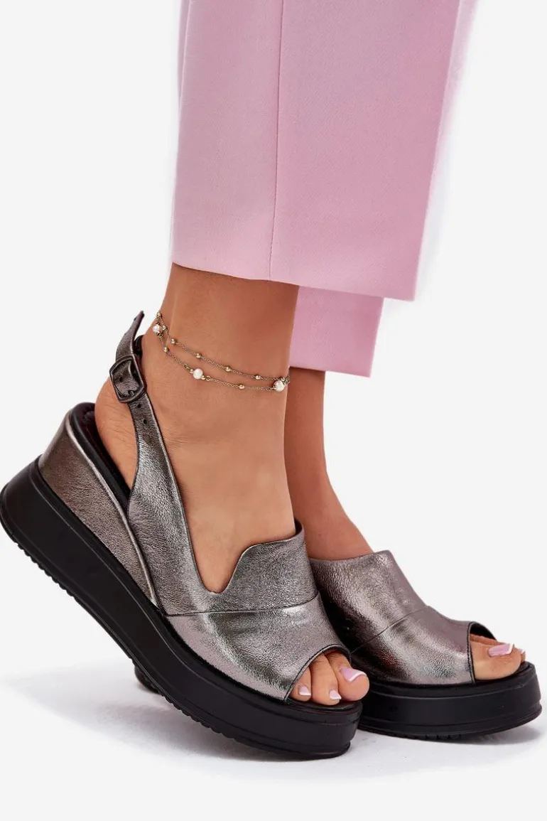 Skórzane Damskie Sandały Na Koturnie Artiker 54C0402 Grafitowe