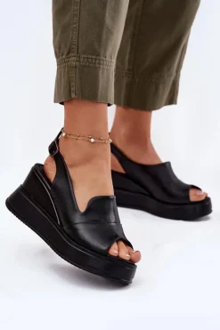 Skórzane Damskie Sandały Na Koturnie Artiker 52C0484 Czarne