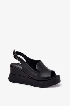 Skórzane Damskie Sandały Na Koturnie Artiker 52C0484 Czarne