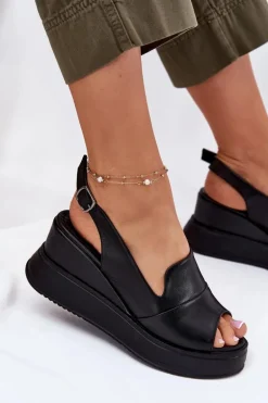 Skórzane Damskie Sandały Na Koturnie Artiker 52C0484 Czarne