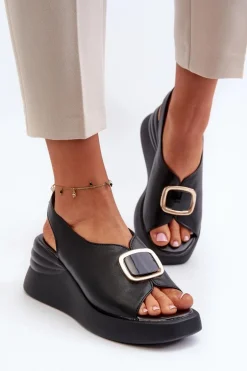 Skórzane Damskie Sandały Na Koturnie Z Ozdobą Czarne Salvania