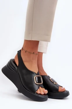 Skórzane Damskie Sandały Na Koturnie Z Ozdobą Czarne Salvania