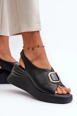 Skórzane Damskie Sandały Na Koturnie Z Ozdobą Czarne Salvania