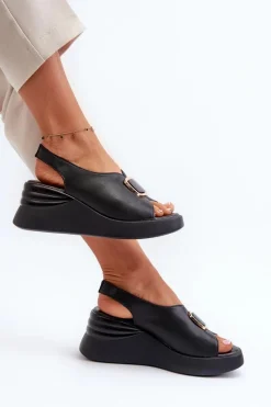 Skórzane Damskie Sandały Na Koturnie Z Ozdobą Czarne Salvania