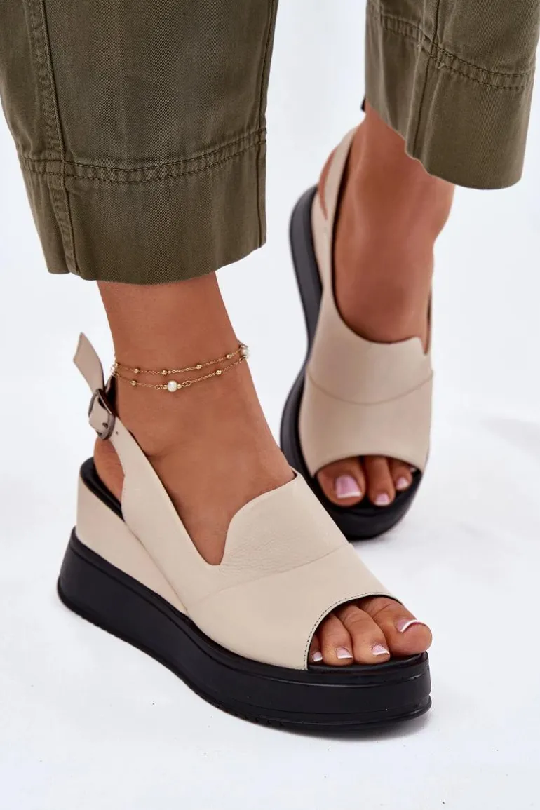 Skórzane Damskie Sandały Na Koturnie Artiker 54C0401 Beżowe