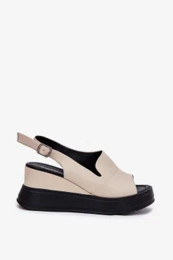 Skórzane Damskie Sandały Na Koturnie Artiker 54C0401 Beżowe