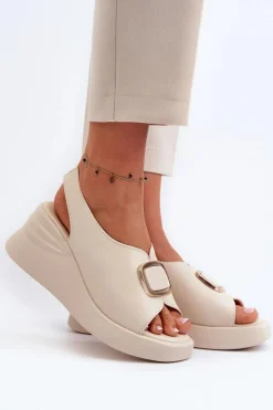 Skórzane Damskie Sandały Na Koturnie Z Ozdobą Beżowe Salvania