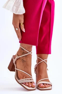 Skórzane Damskie Sandały Na Słupku Beżowe Seyna