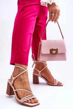 Skórzane Damskie Sandały Na Słupku Beżowe Seyna