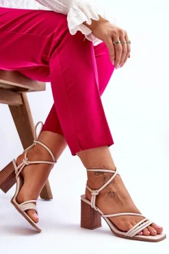 Skórzane Damskie Sandały Na Słupku Beżowe Seyna