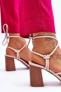 Skórzane Damskie Sandały Na Słupku Beżowe Seyna