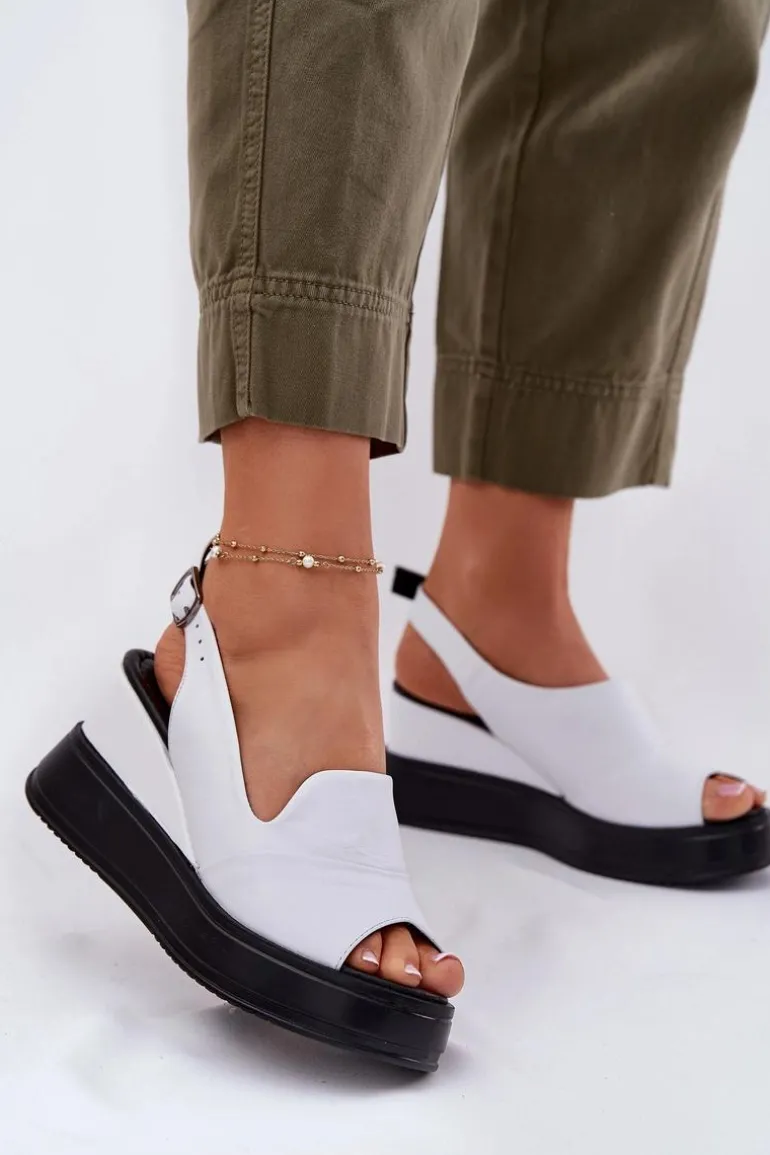 Skórzane Damskie Sandały Na Koturnie Artiker 52C0483 Białe