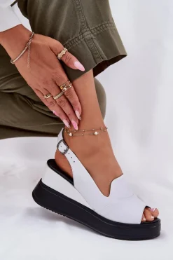 Skórzane Damskie Sandały Na Koturnie Artiker 52C0483 Białe