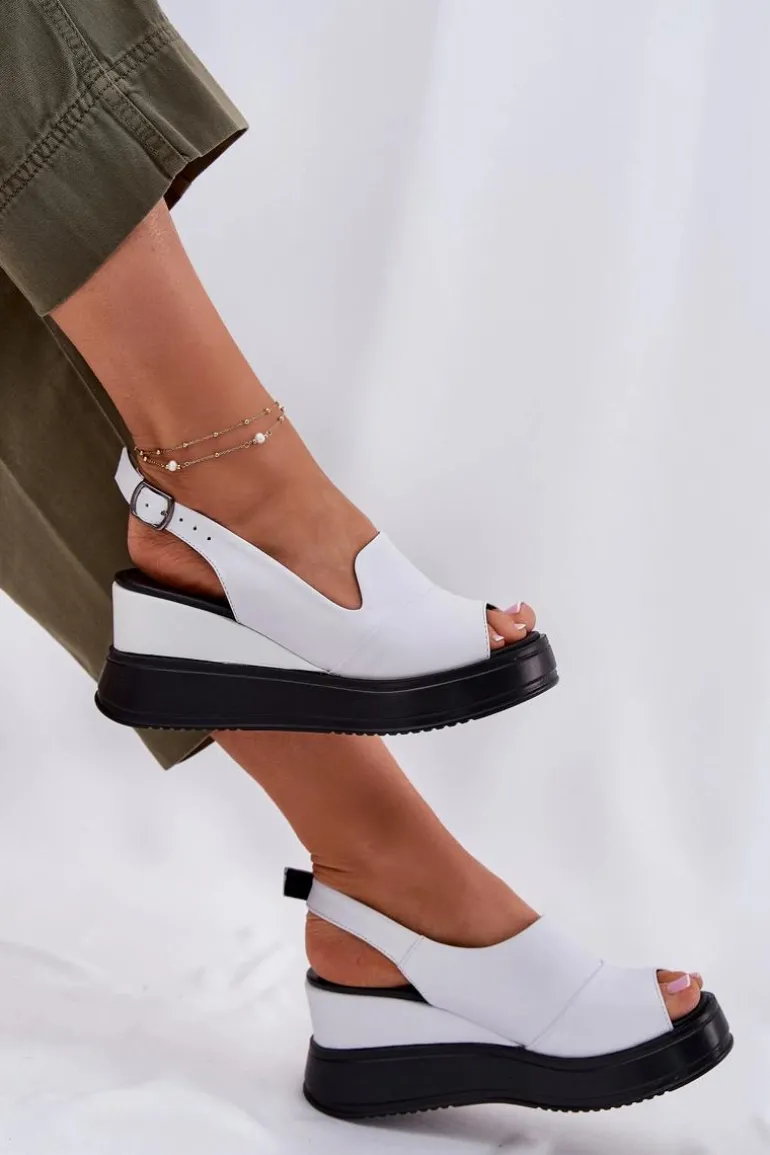 Skórzane Damskie Sandały Na Koturnie Artiker 52C0483 Białe