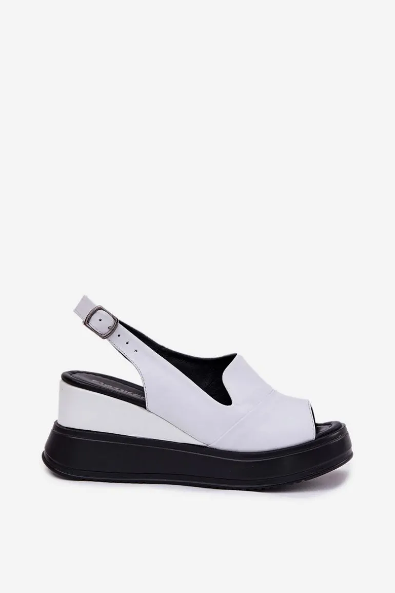 Skórzane Damskie Sandały Na Koturnie Artiker 52C0483 Białe