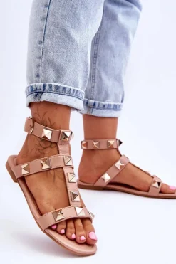 Skórzane Damskie Sandały Z Dużymi Ćwiekami Nude Mishigan