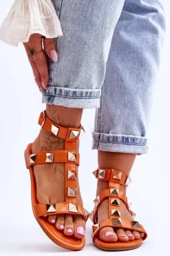 Skórzane Damskie Sandały Z Dużymi Ćwiekami Pomarańczowe Mishigan