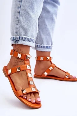 Skórzane Damskie Sandały Z Dużymi Ćwiekami Pomarańczowe Mishigan