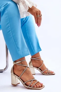 Skórzane Damskie Sandały Z Cyrkoniami Na Obcasie Złote Liviano