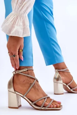 Skórzane Damskie Sandały Z Cyrkoniami Na Obcasie Złote Liviano