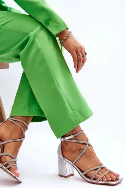 Skórzane Damskie Sandały Z Cyrkoniami Na Obcasie Srebrne Liviano