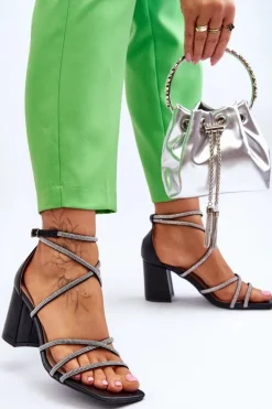 Skórzane Damskie Sandały Z Cyrkoniami Na Obcasie Czarne Liviano