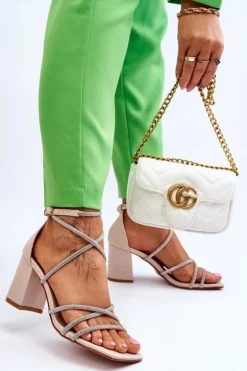 Skórzane Damskie Sandały Z Cyrkoniami Na Obcasie Beżowe Liviano