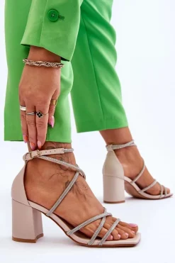 Skórzane Damskie Sandały Z Cyrkoniami Na Obcasie Beżowe Liviano