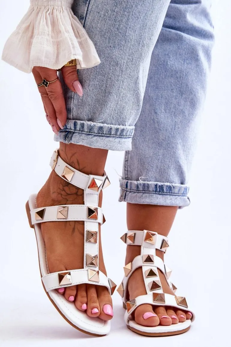 Skórzane Damskie Sandały Z Dużymi Ćwiekami Białe Mishigan