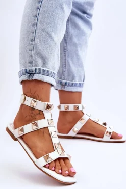 Skórzane Damskie Sandały Z Dużymi Ćwiekami Białe Mishigan