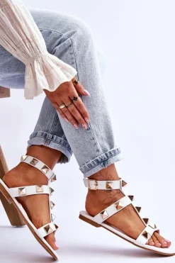 Skórzane Damskie Sandały Z Dużymi Ćwiekami Białe Mishigan