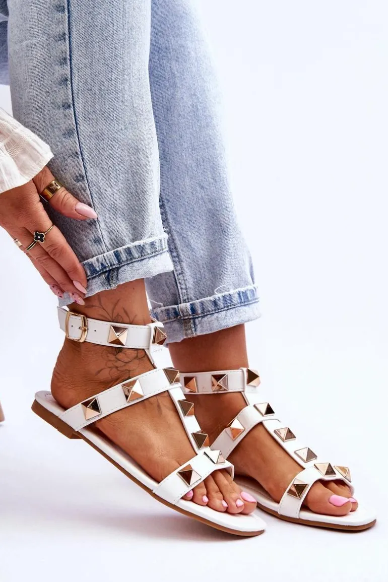 Skórzane Damskie Sandały Z Dużymi Ćwiekami Białe Mishigan