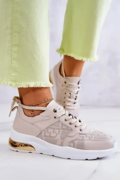 Skórzane Damskie Sneakersy Na Koturnie Beżowe Phiness