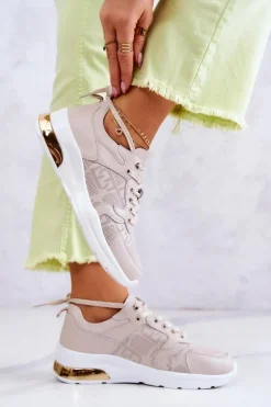 Skórzane Damskie Sneakersy Na Koturnie Beżowe Phiness