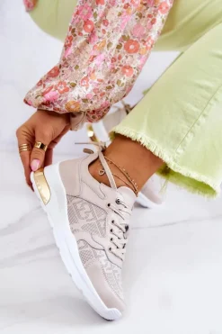 Skórzane Damskie Sneakersy Na Koturnie Beżowe Phiness