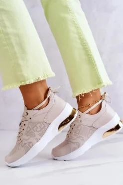 Skórzane Damskie Sneakersy Na Koturnie Beżowe Phiness