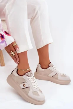 Skórzane Damskie Sneakersy Na Platformie Daniel Lopez Just Dare SS2D4003 Beżowe