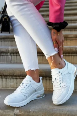 Skórzane Damskie Sneakersy Na Koturnie Białe Phiness