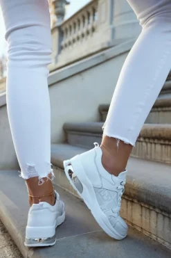 Skórzane Damskie Sneakersy Na Koturnie Białe Phiness