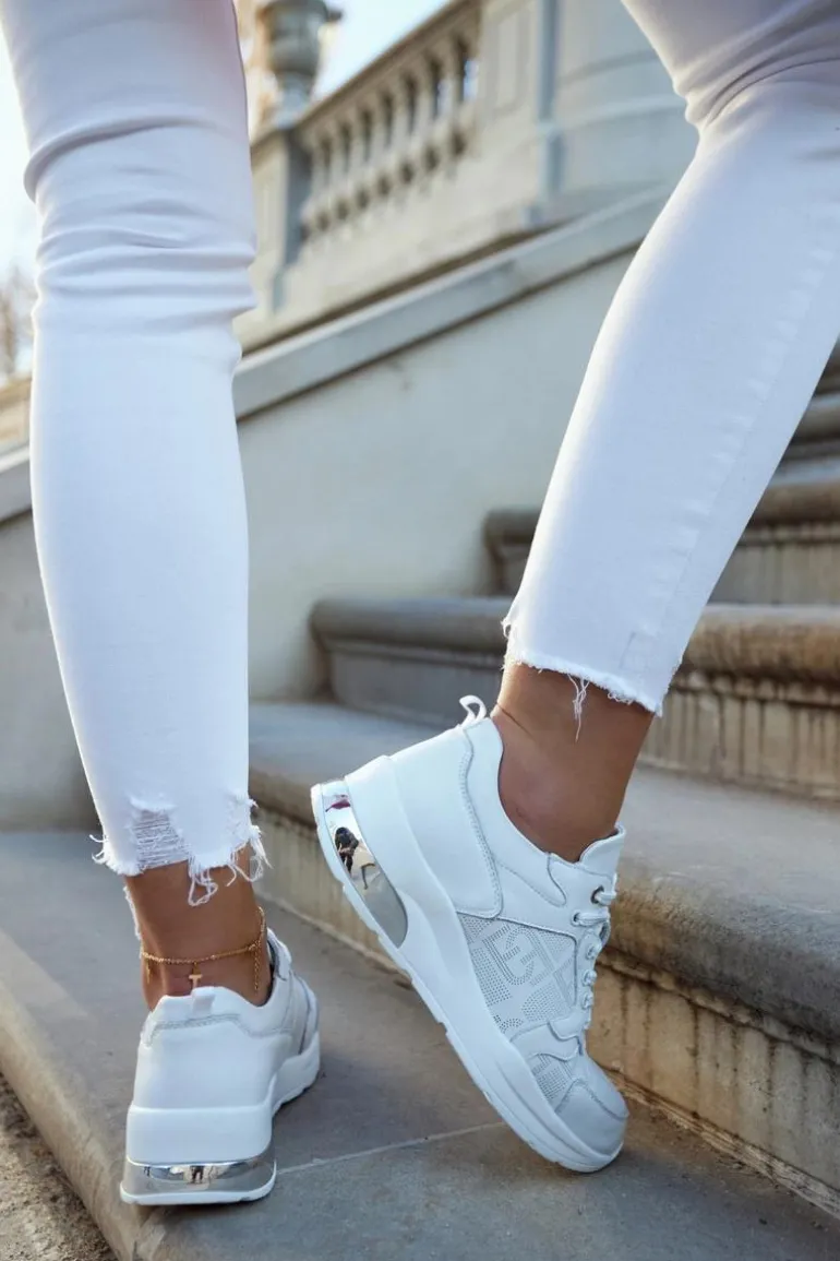 Skórzane Damskie Sneakersy Na Koturnie Białe Phiness