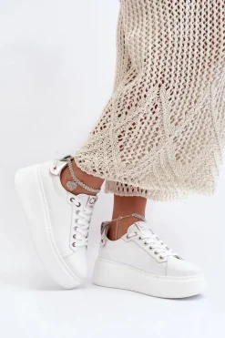 Skórzane Damskie Sneakersy Z Bransoletą CheBello 4406 Białe