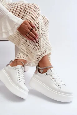 Skórzane Damskie Sneakersy Z Bransoletą CheBello 4406 Białe