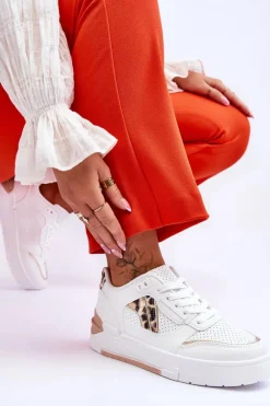 Skórzane Damskie Sportowe Buty W Cętki Białe Nancey