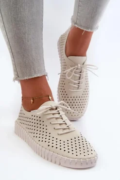 Skórzane Damskie Trampki Z Ażurowym Wzorem Beżowe Ilvima