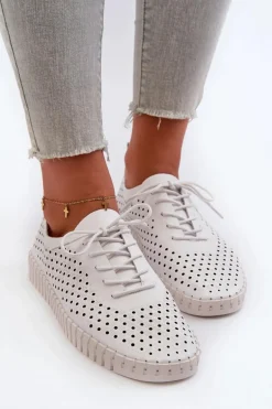 Skórzane Damskie Trampki Z Ażurowym Wzorem Białe Ilvima