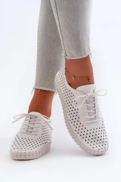 Skórzane Damskie Trampki Z Ażurowym Wzorem Białe Ilvima