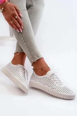 Skórzane Damskie Trampki Z Ażurowym Wzorem Białe Ilvima