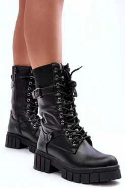 Skórzane Damskie Wysokie Botki Workery Czarne Madit