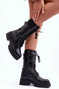 Skórzane Damskie Wysokie Botki Workery Czarne Madit